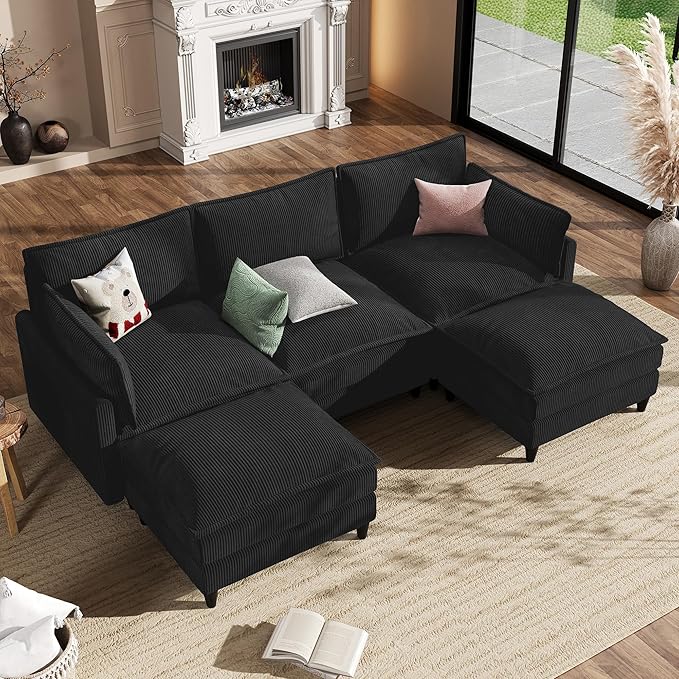Apicizon 108" Cloud Couch Sectional, 3-Seat Deep Cloud Sofa with Ottoman, Modern U Shape Sectional Sofa Corduroy for Living Room, Apartment, Office, Black