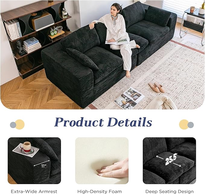 Esright 110" Oversized Sofa for Living Room, Cloud Boneless Couch with Fluffy Seat Cushions, 3 Seater Upholstered Floor Sofa, No Assembly Required, Black