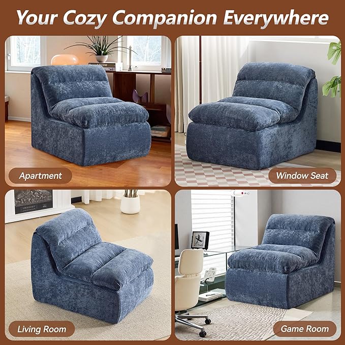 WUTUTUEE Boneless Chair, Double-Layer Armless Floor Sofa with High Density Memory Foam, No Assembly Togo Sofa, Chenille Bean Bag Chairs for Living Room, Bedroom, Comfy Cloud Chair (Navy)
