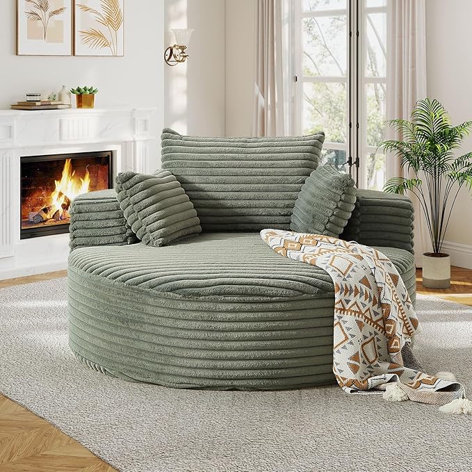 55"W Oversized Round Chair Lounge Chaise Indoor, Upholstered Comfy Circle Sofa Armchair, Modern Cozy Boneless Foam Floor Reading Chair for Living Room, Bedroom, No Assembly Required(Corduroy, Green)
