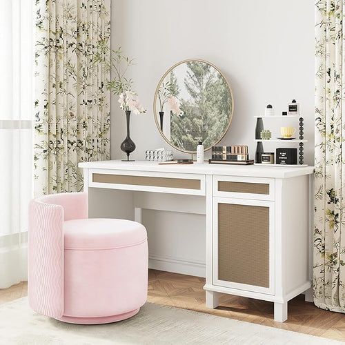 360° Swivel Accent Chair with Storage, Vanity Stool with Back, Velvet Storage Ottoman, Upholstered Round Barrel Vanity Chair for Living Room, Makeup Room, Bedroom (Pink)