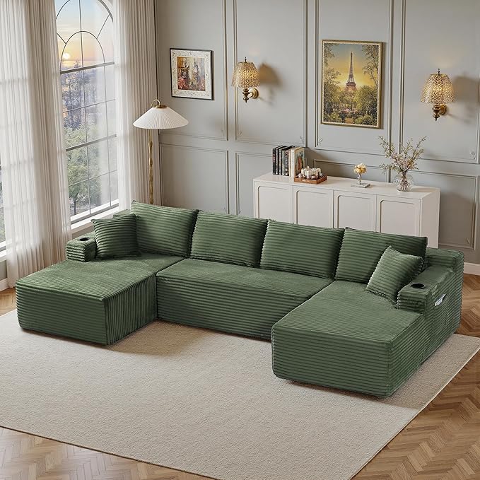 133" Sectional Couches for Living Room Cloud Couch Sofa with L-Shape Upholstered Boneless Couchs Modern Modular Sectional Couch with Chaise (Green, 133" W+U Facing Chaise)