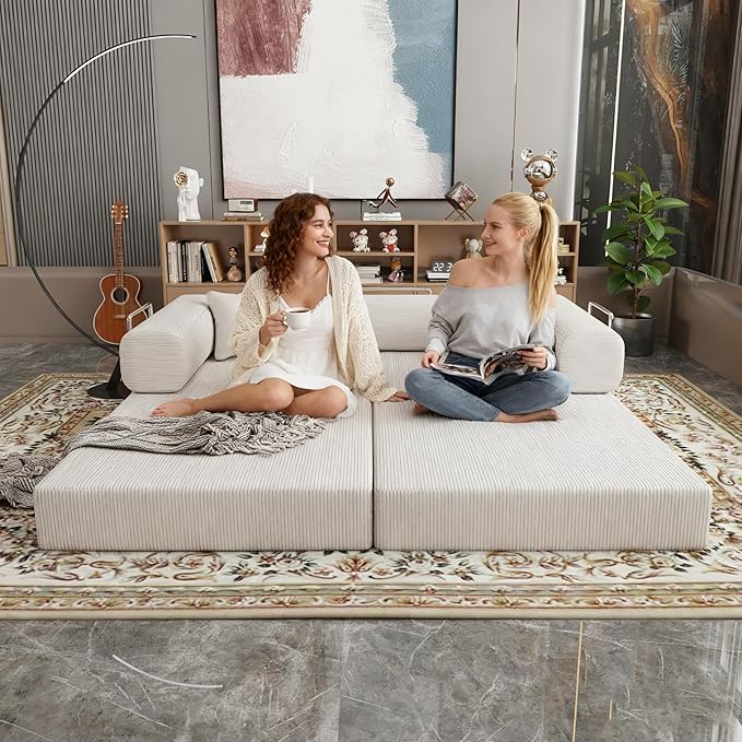 Modern Floor Sofa Bed with Bolster Pillows, Couch Bed,Foldable Sofa bigsize Sofa Convertible Lounger, Beige Corduroy