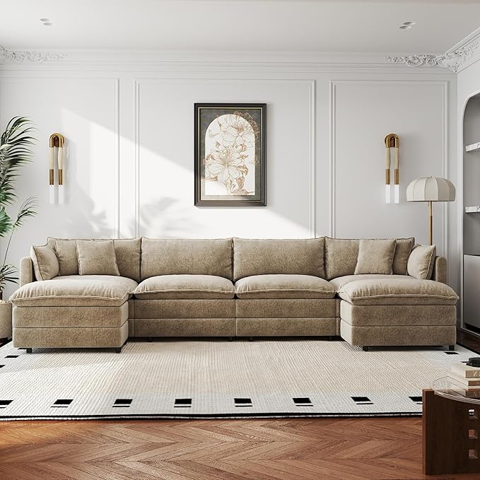 Aoowow Modular Sectional Sofa Modern Convertible U Shaped Couch,147.2 Inch Deep 4-Seater Sofas Set Comfy Chenille Cloud Sofas and Couches with Movable Ottoman for Living Room Apartment（Camel）