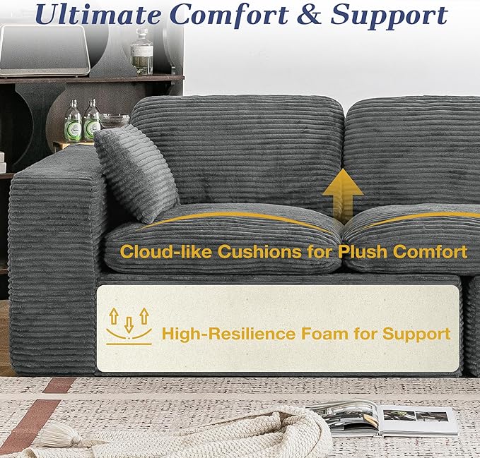 Esright 110" Oversized Sofa for Living Room, Cloud Boneless Couch with Fluffy Seat Cushions, 3 Seater Upholstered Floor Sofa, No Assembly Required, Grey