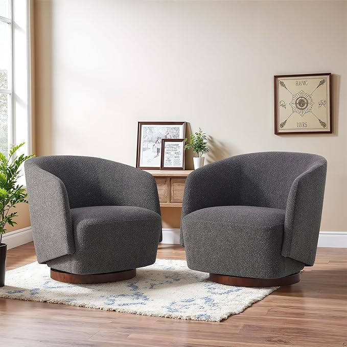 Boucle Swivel Accent Chairs Set of 2, No Assembly Upholstered Armchair with Rubberwood Base, 360° Rotating Living Room Chairs Set of 2 for Bedroom, Apartment & Reading Nook (2, Grey)