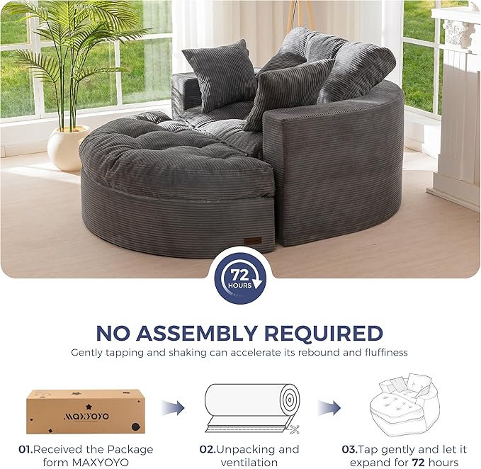MAXYOYO Oversized Round Chaise Lounge Sofa, Upholstered Lounge Chair with 3 Pillows, Boneless Sofa Couch with Ottoman, Deep Seat Sleeper Chair for Living Room, Bedroom, No Assembly, Dark Grey
