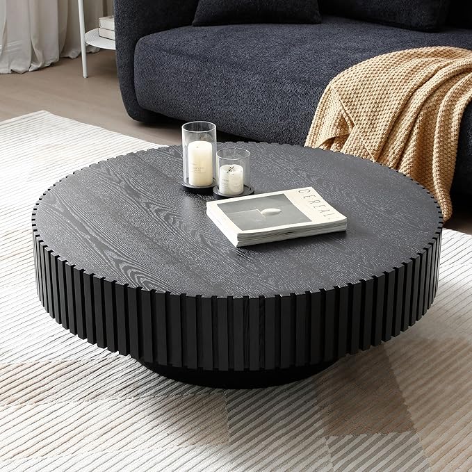 39.37'' Black Round Wood Coffee Table for Apartment, Modern Living Room Coffee Table with Sturdy Pedestal