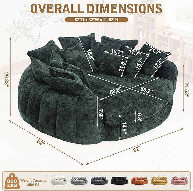 82'' Oversized Upholstered Sofa Bed, Round Chaise Lounge Chair Indoor, Modern Chenille Boneless Couch, No Assembly Required, Plush Sleeper Chair with 14 Pillows for Living Room, Emerald