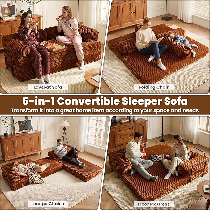 ovios 81" Folding Sofa Bed, Foldable Sleeper Boneless Couch with Pull Out Beds, Modular Convertible Floor Futon Loveseat Lounger for Living Room (Faux Fur, Brown)