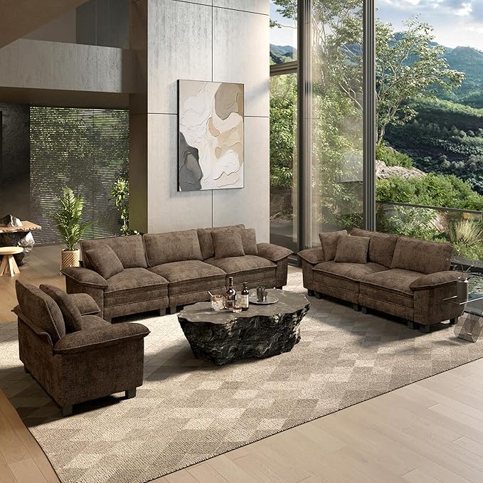 HERA'S HOUSE 3 Pieces Modular Sectional Sofa Sets, Oversized Couch Set with Loveseats and Armchair, Comfy Cloud Couches with Throw Pillows, 6-Seater Deep Seat Sofa for Living Room, Chenille Taupe