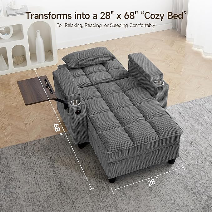 41.7" Oversized Chaise Lounge Chair Indoor, Boucle Upholstered Sofa Bed with Adjustable Backrest, Deep Seat Reading Chair, Sofas Couches for Living Room, Storage, Cup Holders & 360° Swivel Side Table