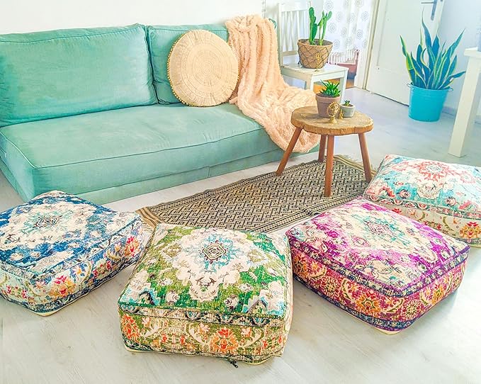 Large Floor Pillow Cover Square Meditatioמ Square Cushion Case Boho Room Décor Moroccan Seating Area Pouf Perfect for Living Room, Bedroom, Nursary or Children Room Cotton 24x8 Unstuffed