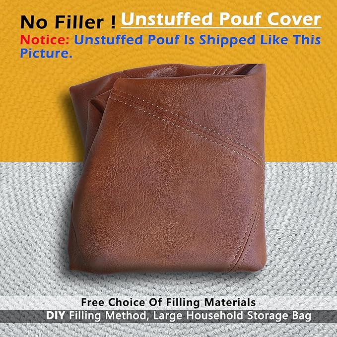 Thgonwid Unstuffed Faux Leather Pouf Cover, Handmade Footstool Ottoman Storage Solution, Floor Footrest Cushion, 16.5”Dx12”H, Amaretto