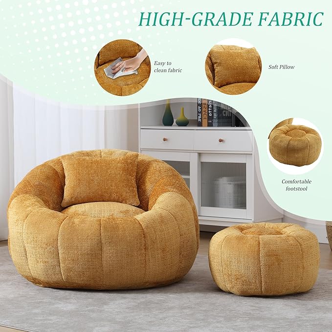 HOMEFLEX Modern Bean Bag Chair for Adults, Comfy Reading Nook Seating with Pillow, Round Chairs with Ottoman, Leisure Single Sofa, Ideal for Living Room, Bedroom, Apartment (Yellow)
