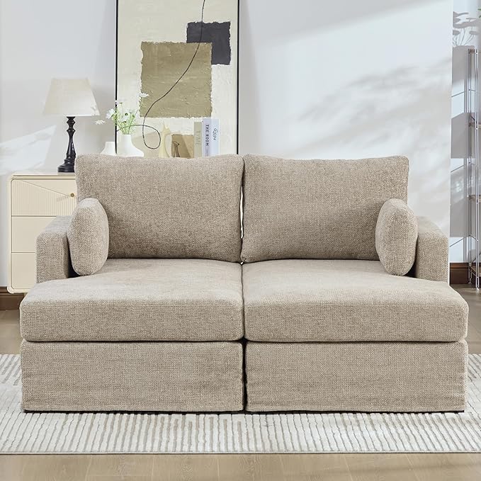 Arouseden 63"Oversized Chaise Lounge Taupe,Comfy Sectional Couches For Living room with Armrests and Throw Pillows,Wide Chaise Lounge Chair Indoor,Chenille Lounge Chair with Headrest for Neck Support