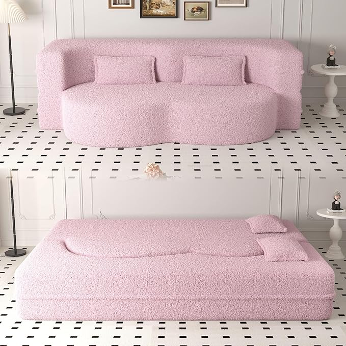 SZLIZCCC 78'' Modern Floor Sofa Bed, Convertible Teddy Fabric Sleeper with 2 Pillows, Modern Teddy Fabric Floor, Foam Folding Mattress for Living Room, Guest Bed, Playroom & Small Spaces (Pink)
