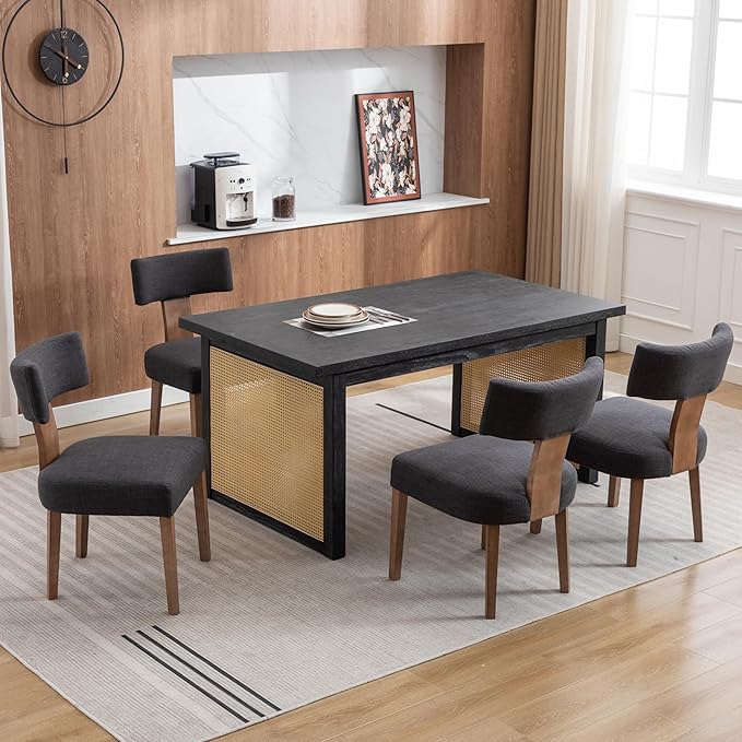 RIVOVA Linen Dining Chairs Set of 6, Modern Dining Chair with Curved Backrest and Wood Legs Upholstered Dining Chairs Farmhouse Dining Room Chairs Kitchen Chairs, Charcoal