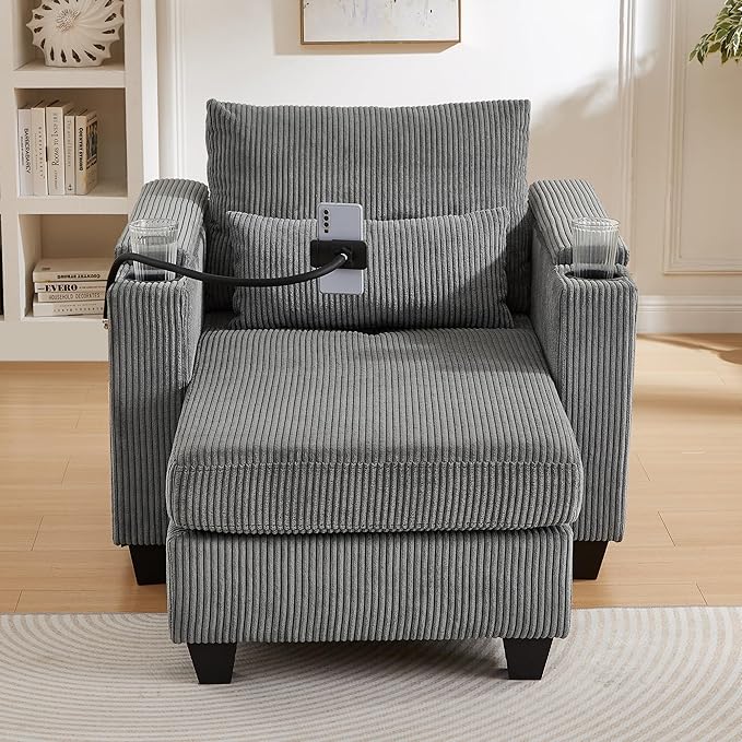 Merax Modern Upholstered Indoor Chaise Lounge with Pillows, Charge Station & Cup Holders, Single Sofa Couch with Armrest and Soild Legs, Easy Assemble Gray