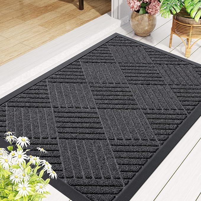 Smiry Front Door Mat Outside Entrance, Heavy Duty Outdoor Indoor Mat, Natural Rubber Doormat, Non Slip, Trap Dirt and Moisture, Easy Clean, Low Profile Patio Porch Entryway Mat, 29.5x17, Black Grey