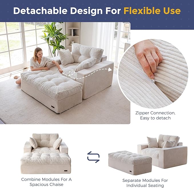 MAXYOYO Oversized Chaise Lounge Sofa, Upholstered Lounge Chair with 3 Pillows, Tufted Boneless Sofa Couch with Ottoman, Deep Seat Sleeper Chair for Living Room, Bedroom, No Assembly, Beige