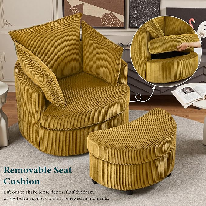 Chorlenimi Swivel Accent Chair Round Barrel Armchair Upholstered Living Room Chair Corduroy Reading Chair Single Sofa Chair for Bedroom Apartment Office (Yellow, Upgrade 1Seater+ Ottoman)