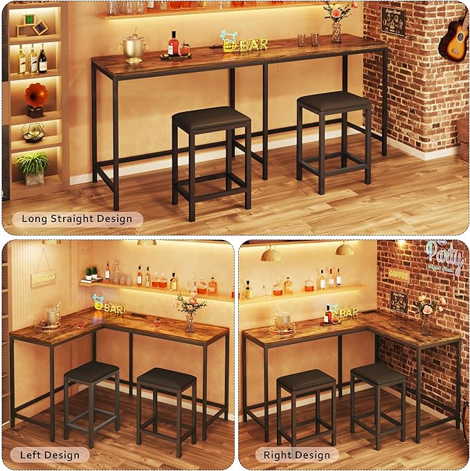 Bar Table and Chairs Set for 2-4, 63'' Convertible L-Shaped Kitchen Table with Power Outlets, 3 Piece Counter Height Small Dining Table with 2 Stools, Space Saving, Breakfast Nook Corner, Rustic Brown