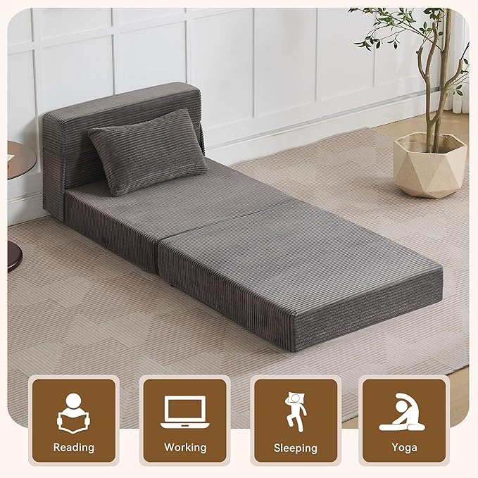 Folding Sofa Bed Convertible Floor Couch Foldable Chair Bed with Pillow，Linen Sleeper Chair Futon,Foldable Memory Foam Mattress for Bedroom/Living Room/Dorm/Office (Corduroy Grey, Single)