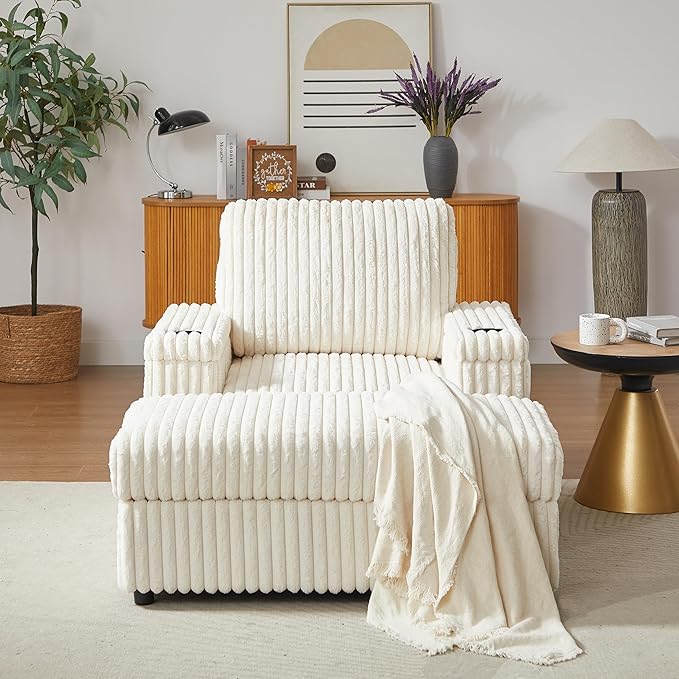Eafurn 42.5" Oversized Accent Chair with Storage Ottoman Convertible Chaise Lounge, Corduroy Cloud Sofa Chair w/Cupholders, Modern Extra Wide Armchair