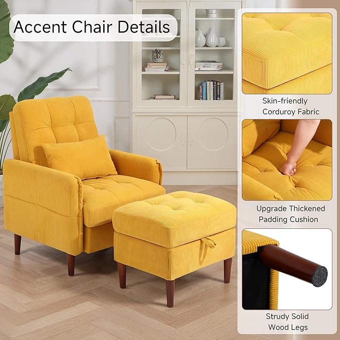 Lumibee Accent Chair with Storage Ottoman, Upholstered Comfy Reading Chair with Adjustable Reclining Backrest, Corduroy Fabric Lounge Chair Armchair for Living Room Bedroom, Set of 2, Orange
