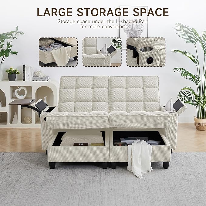 oaaktu 70.9'' Double Chaise Lounge with 360 Degree rotatable Side Table, Comfy Corduroy Indoor Lounge Chair with Armrest Storage, Cup Holder, USB Port, and Pillow for Living Room or Bedroom (Beige)