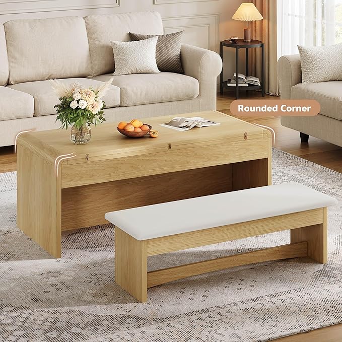 Coffee Table Lift Top, 40'' Multi-Function Coffee Table Set with Bench & Hidden Compartment, Center Table w/Curved Corner, Converts to Home Office Table, Dining Table for Living Room, Natural