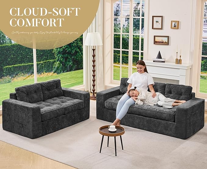 Hobestluk Sofa Couch Loveseat Sofa with Chenille Fabric 2-Seater Sofa for Small Spaces Comfortable Foam Floor Sofa 2 in 1 Boneless Couch for Living Room Bedroom Apartment or Office (Grey, Loveseat)