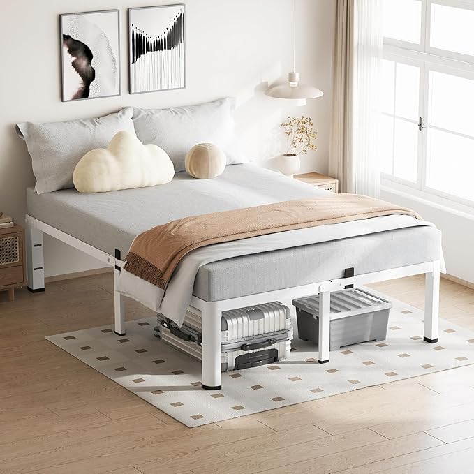 VIPSHOW 18 Inch Queen Size White Bed Frame, 3500Lbs Heavy Duty Metal Platform with Round Corner Legs Mattress Slide Stopper, Steel Slat Support No Box Spring Needed, Noise Free, Easy Assembly