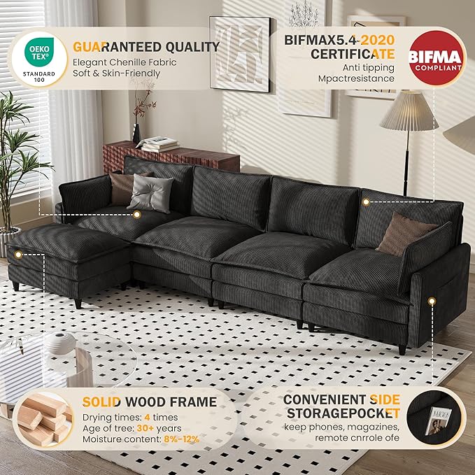 Apicizon 143" Cloud Sofa Sectional, L Shaped Cloud Couch with Side Storage Pocket, Modern Corduroy Sofa Set for Living Room, Office, Black