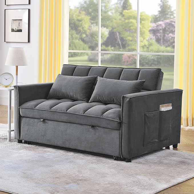 3 in 1 Convertible Sleeper Sofa Bed, Futon Couches for Living Room with Side Pocket | Adjustable Backrest| Velvet Fabric | Pull Out Couch | Love seat Sofa|2-seat Sofa Bed (Grey)