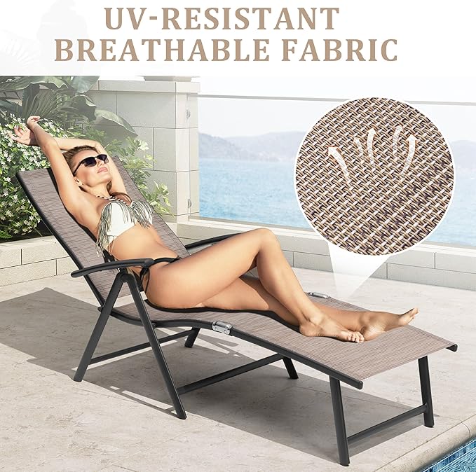 VredHom 4PCS Patio Chaise Lounge Outdoor Folding Adjustable Lounge Chair Recliner with 8 Adjustable Backrest Positions for Pool Beach Yard, Textliene and Aluminum Frame