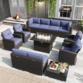 LayinSun 12 Pieces Patio Furniture Set with Fire Pit Table, Black Rattan Modular Sectional Outdoor Conversation Sofa Set, Swivel Rocking Chairs Set