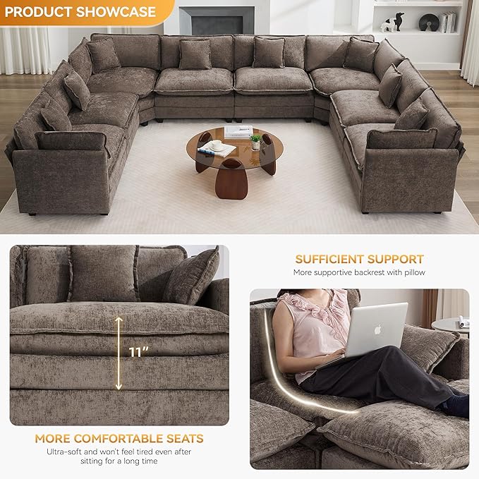 147'' Oversized U Shaped Cloud Sectional Sofa, Chenille Deep Seat Couches for Living Room, Comfy Upholstered Modular Sectional Sofa Couch, Brown