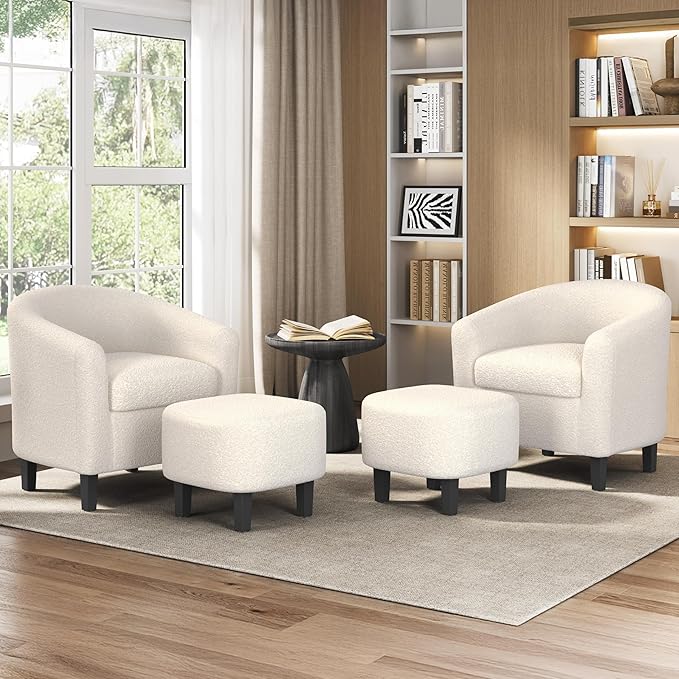 Yaheetech Accent Chair and Ottoman Set, Modern Fuzzy Sherpa Barrel Chair and Footrest, Comfy Boucle Armchair and Footstool for Living Room/Bedroom/Reading Room/Guestroom, Ivory