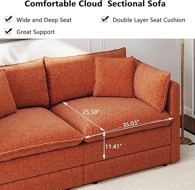 Aoowow Modular Sectional Sofa Modern Convertible L Shaped Couch,111.5 Inch Deep 3-Seater Sofas Set Comfy Chenille Cloud Sofas and Couches with Movable Ottoman for Living Room Apartment(Orange)