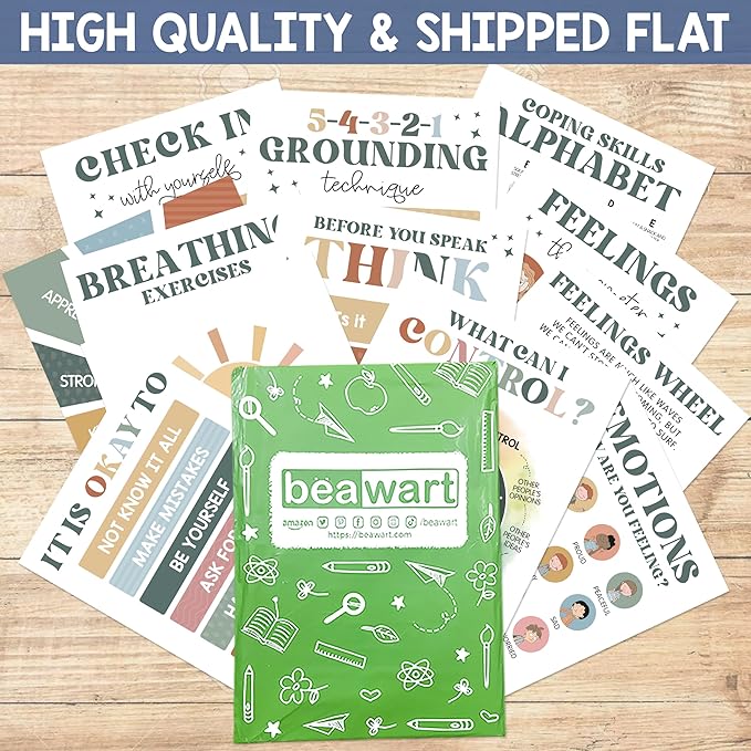 12 Retro Calming Corner Classroom Posters (10x14) - Feelings Wheel & Emotions Poster for Kids, Calm Down Corner Supplies for Therapy Office Decor, Mental Health Wall Art for Preschool and Teachers