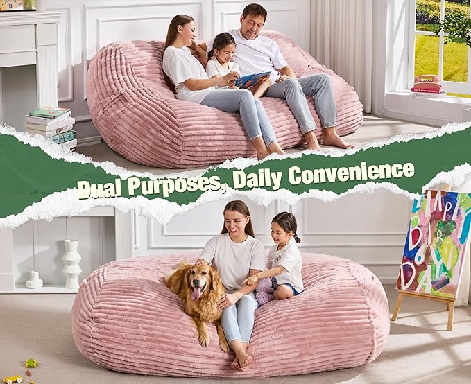 Hobestluk 6FT Bean Bag Chairs Adult Bean Bag with Portable Handle Comfy Large Bean Bag Lounge Chair with Removable Cover for Living Room Bedroom (Stripe Pink, 6FT)