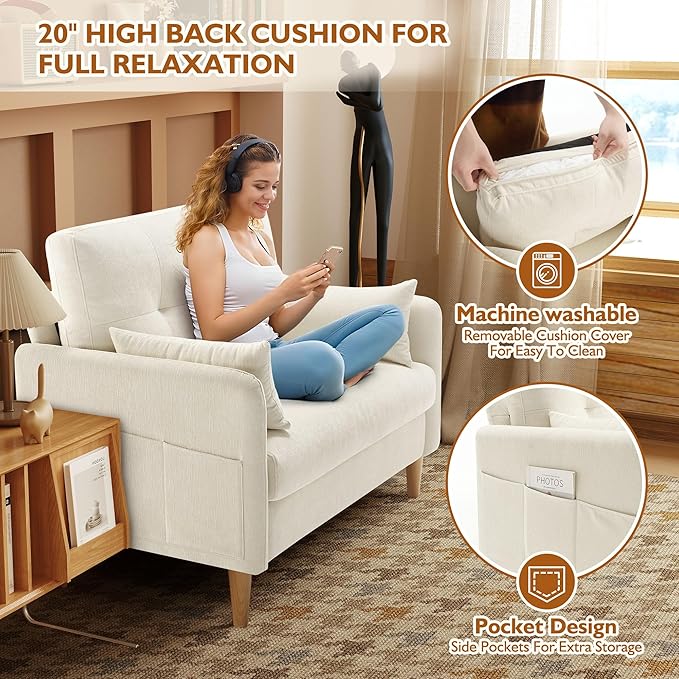 47" Small Sofa Couch, Soft Chenille loveseat Mini Couch with Throw Pillow and Removable Cushion Cover for Small Spaces, Bedroom, Apartment, Dorm, Office, Living Room(Beige)