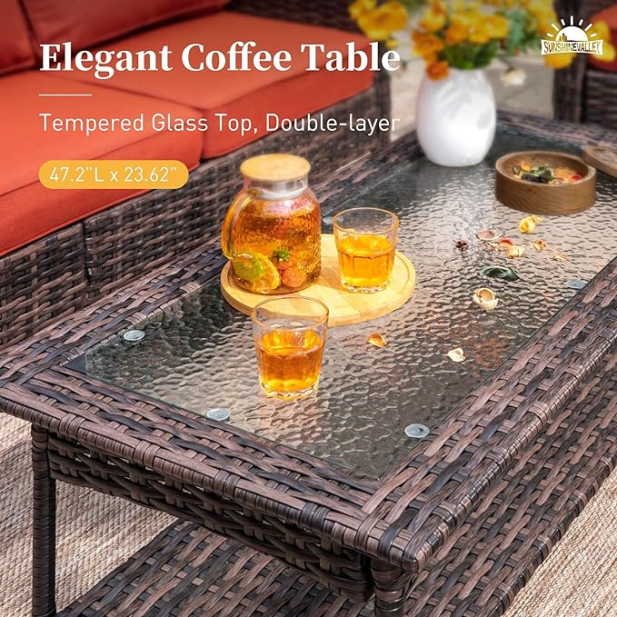 SUNSHINE VALLEY Patio Furniture Set with Swivel Chairs, High Back Wicker Rattan Furniture with 5.5" Thick Cushions and Coffee Table, Outdoor Conversation Set for Backyard Deck, 5 Seats, Red