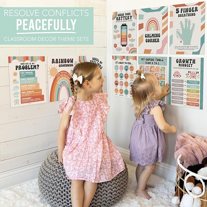 Hadley Designs 9 Calming Corner Posters For Classroom Must Haves For Teachers -11x14 Calm Down Corner Supplies, Feelings Chart For Kids Ages 4-8, Feelings Wheel Poster, Retro Classroom Decor