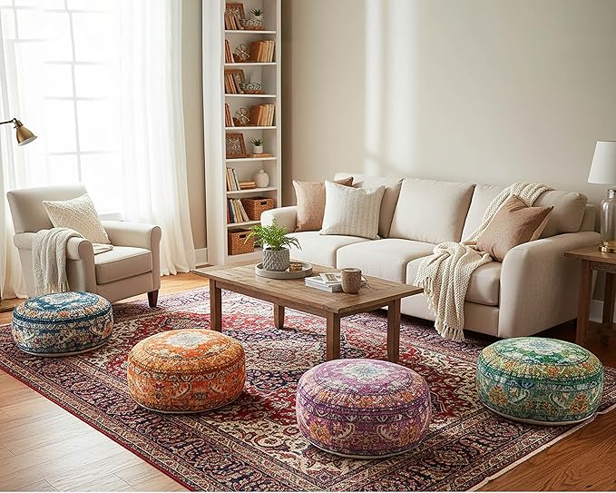 Mandala Life ART Boho Floor Cushion Cover Purple Round Purple Pillow Case Moroccan Décorative Pouf Perfect for Living Room, Bedroom, Nursary or Children Room Pouf BeanBag Stool Cotton 24x8 Unstuffed