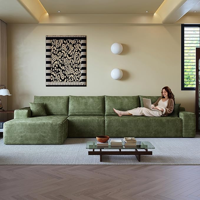 AUGOP 136" Sectional Couches for Living Room Modern Modular Sofa with L-Shape Couchs Upholstered Boneless Couch Deep Seat Sectional Couch with Chaise (Green, Left Facing Chaise+3Seaters)