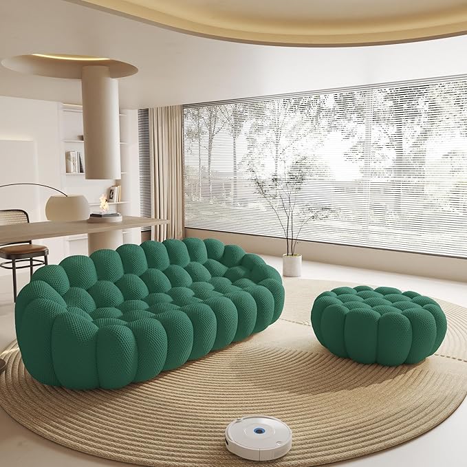 WJShome Modular Sectional Sofa,Bubble Couch,Comfy Curved Couch Living Room Sets,Modern Upholstered Bean Bag Sofa Mesh Fabric Lazy Floor Chair Living Roon Sets (Green, 3 Seater+Ottoman)