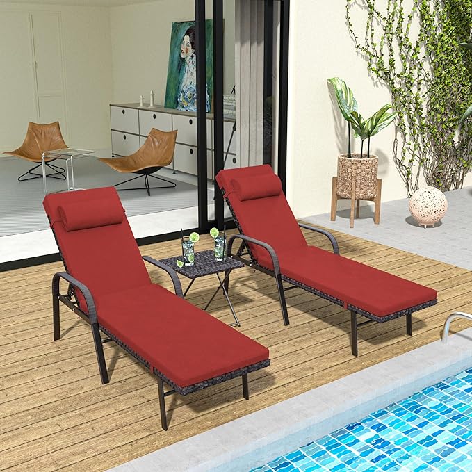Trumbeak Patio Chaise Lounge Set 3 Pieces Pool Lounge Chairs,Cushioned Outdoor Folding Lounge Chair w/Arm and Rattan Adjustable Backrest for Poolside Porch,Folding Table Included,Red